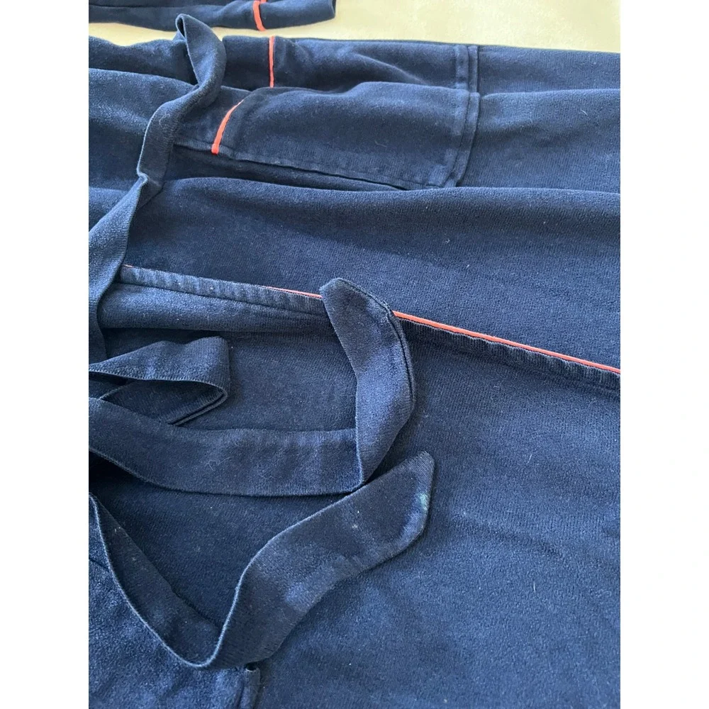Vintage Pierre Cardin Navy Blue Full Length Robe Pink Trim Logo Embroidered